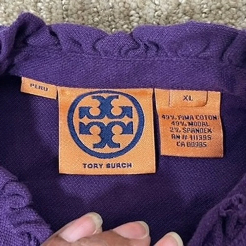 Tory Burch Top Kids XL Purple Ruffle Neck Logo Button Long Sleeve‎ Royal Core